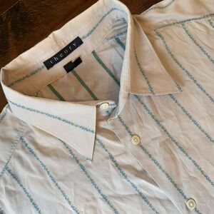 Theory Shirt Mens XL White Blue Embroidered‎ Stripe Long Sleeve Button Up Casual